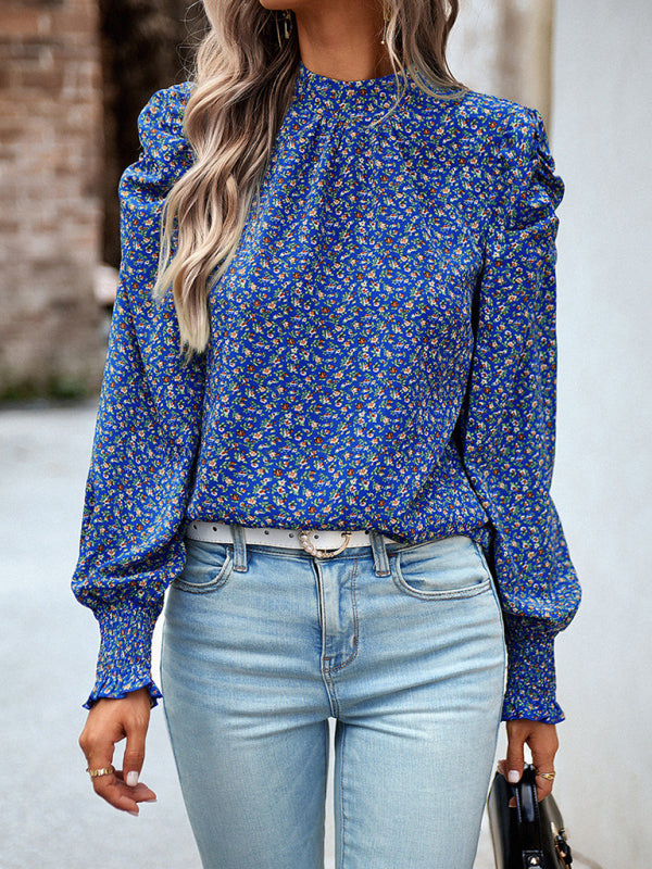 Women’s printed turtleneck puff sleeve top blouse