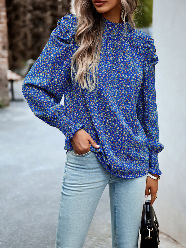 Women’s printed turtleneck puff sleeve top blouse