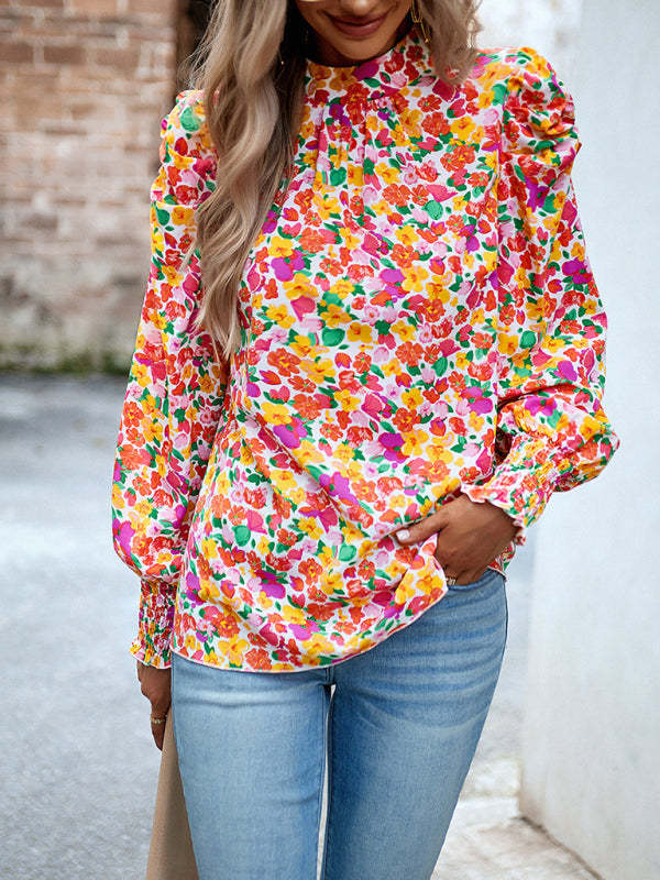 Women’s printed turtleneck puff sleeve top blouse