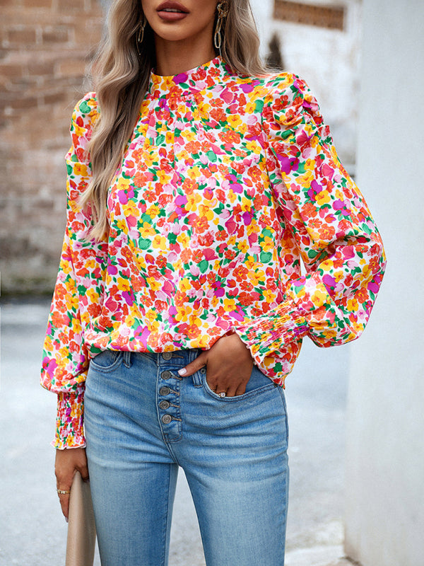 Women’s printed turtleneck puff sleeve top blouse - Pink / S