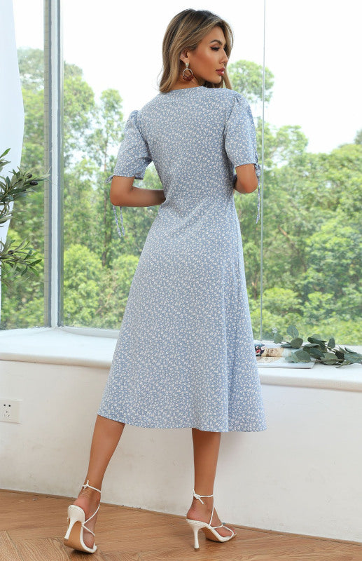 Women’s Puff Sleeve Floral V-Neck Short Sleeve Lace-Up Slit Button Dress