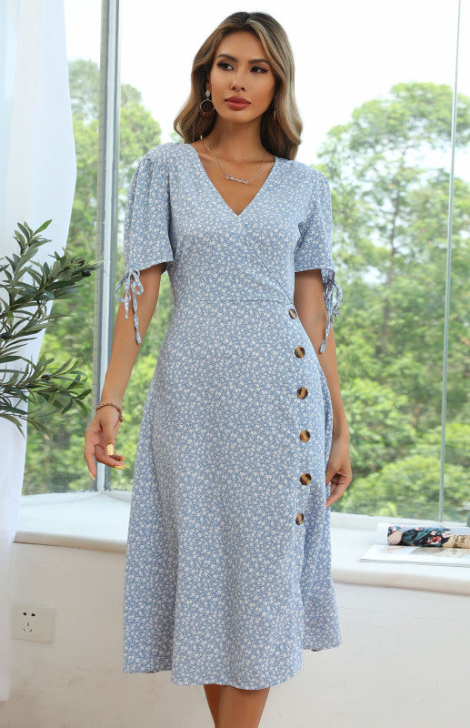 Women’s Puff Sleeve Floral V-Neck Short Sleeve Lace-Up Slit Button Dress
