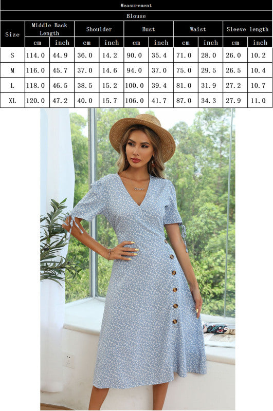 Women’s Puff Sleeve Floral V-Neck Short Sleeve Lace-Up Slit Button Dress