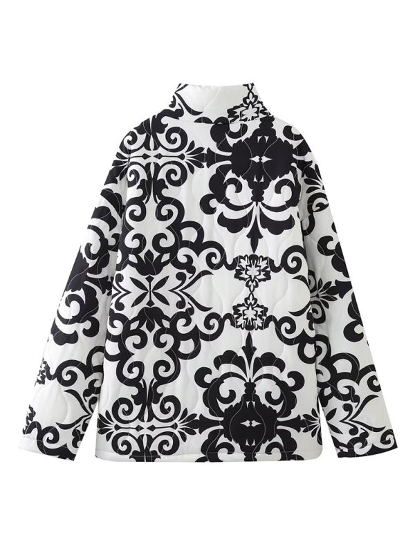 Women’s Quilted Cotton Printed Loose Stand Collar Padded Jacket