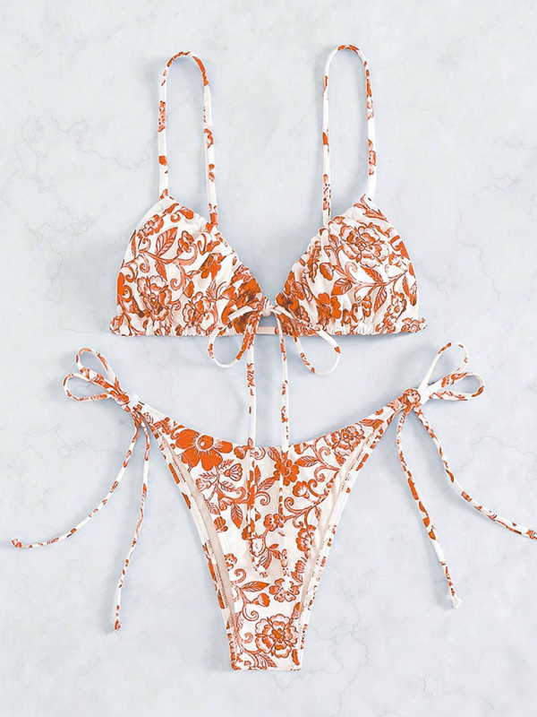 Women’s resort vintage print split swimsuit - Orange / S