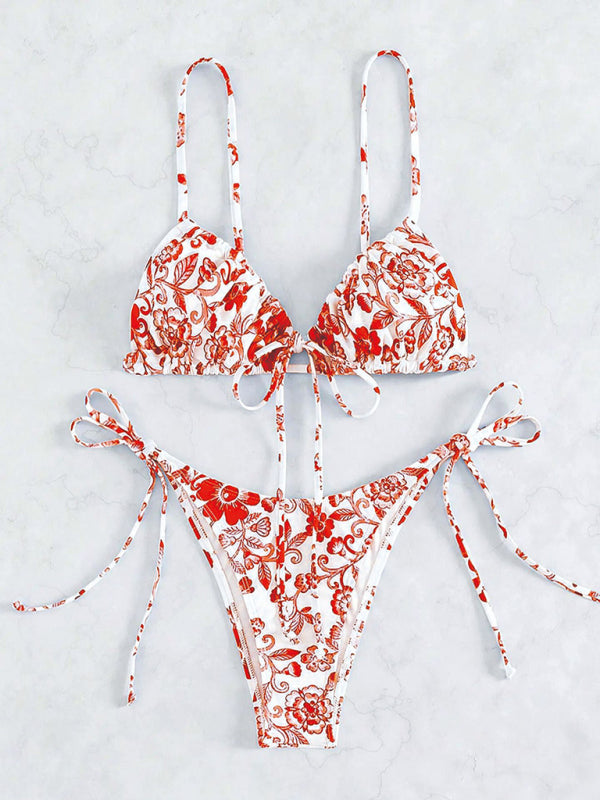 Women’s resort vintage print split swimsuit - Red / S