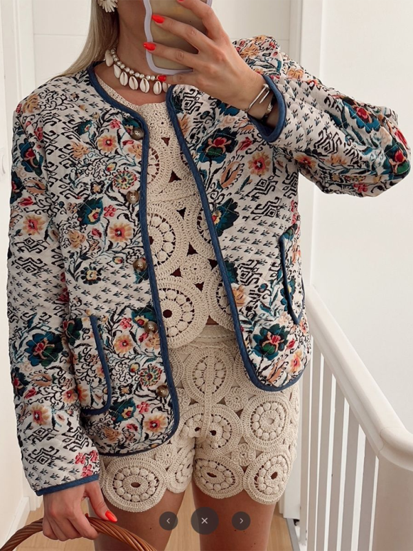 Women’s Retro Casual Floral Cotton Jacket - Green black jasper / S