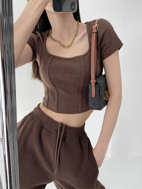 Women’s Retro Three-dimensional Herringbone Line Slim Square Neck Short Sleeve T-Shirt