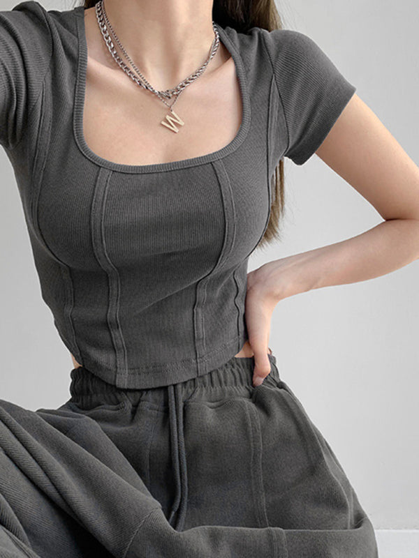 Women’s Retro Three-dimensional Herringbone Line Slim Square Neck Short Sleeve T-Shirt - Charcoal grey / S