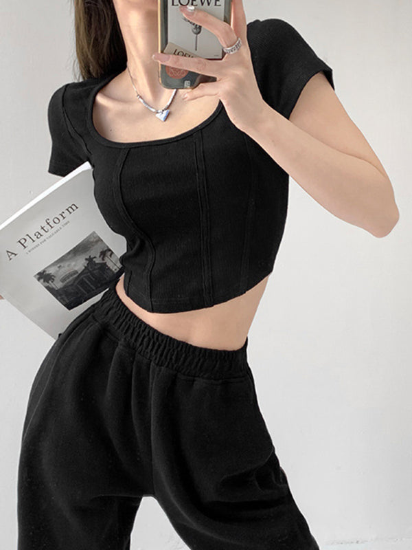 Women’s Retro Three-dimensional Herringbone Line Slim Square Neck Short Sleeve T-Shirt - Black / S