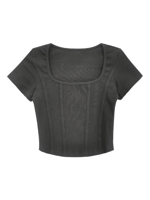 Women’s Retro Three-dimensional Herringbone Line Slim Square Neck Short Sleeve T-Shirt