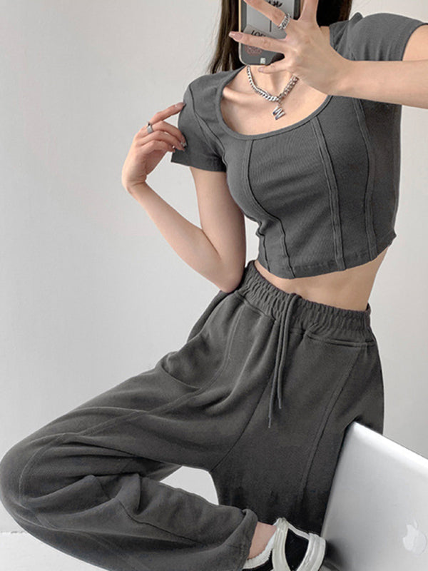 Women’s Retro Three-dimensional Herringbone Line Slim Square Neck Short Sleeve T-Shirt