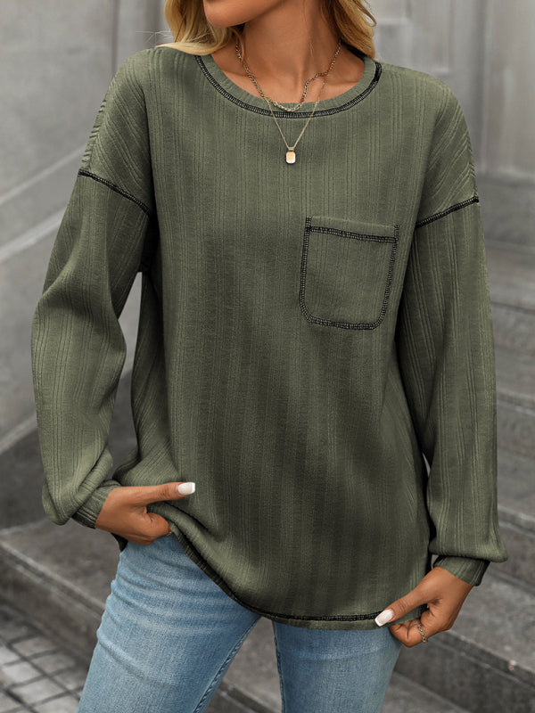 Women’s ribbed brushed solid color round neck pocket casual loose T-shirt - Olive green / S