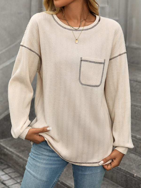 Women’s ribbed brushed solid color round neck pocket casual loose T-shirt