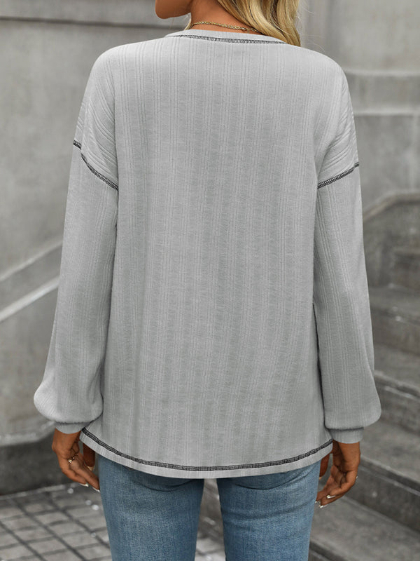 Women’s ribbed brushed solid color round neck pocket casual loose T-shirt