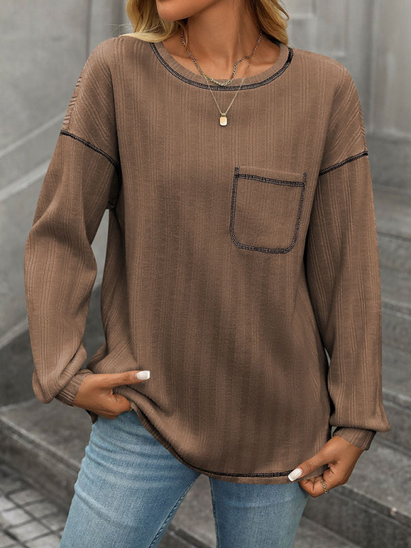 Women’s ribbed brushed solid color round neck pocket casual loose T-shirt