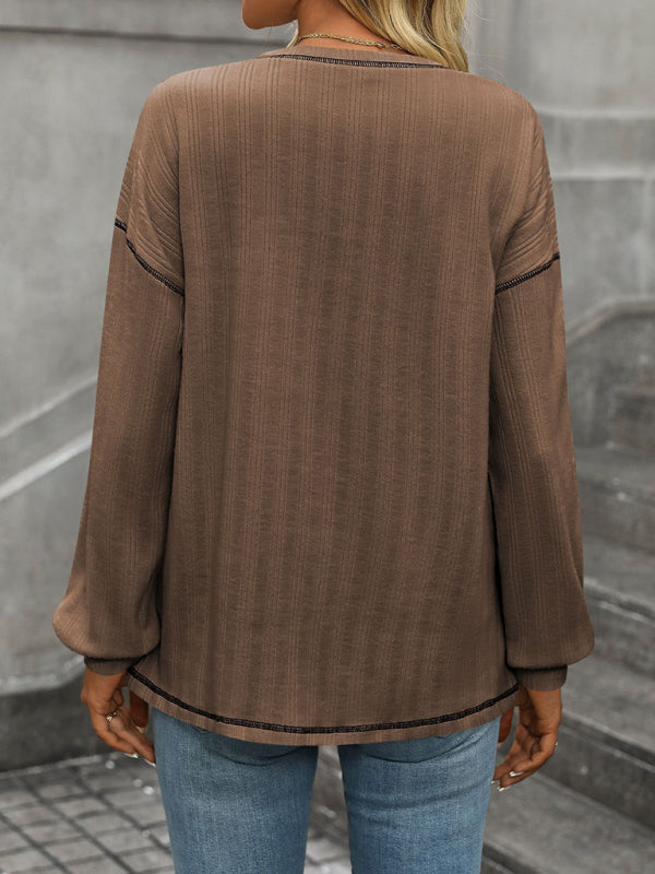 Women’s ribbed brushed solid color round neck pocket casual loose T-shirt
