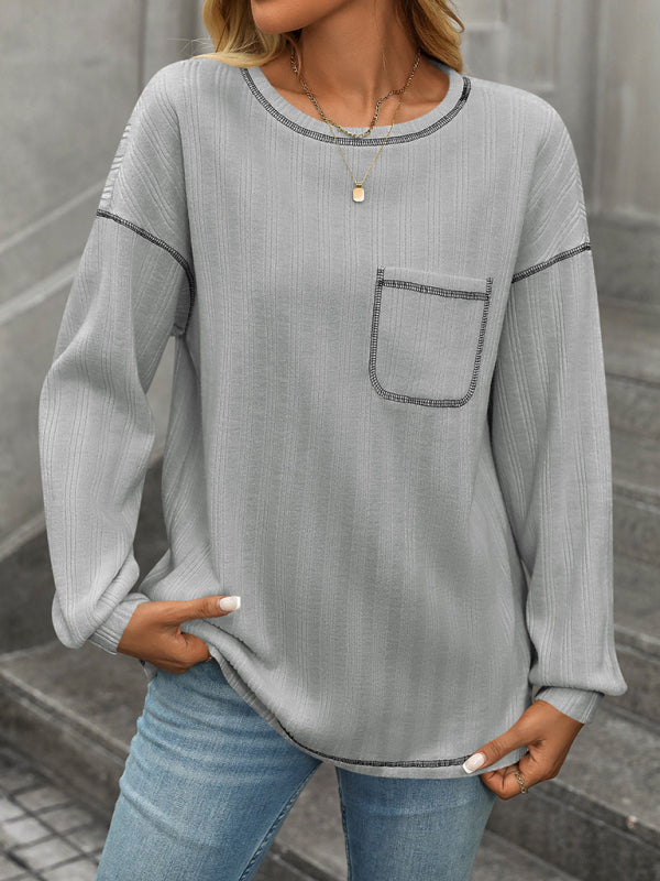 Women’s ribbed brushed solid color round neck pocket casual loose T-shirt