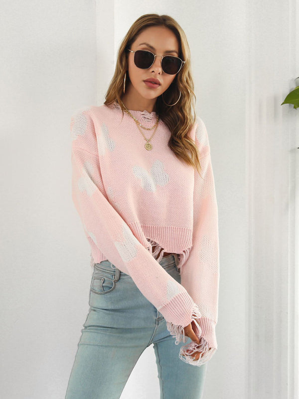 Women’s Ripped Butterfly Jacquard Short Sweater