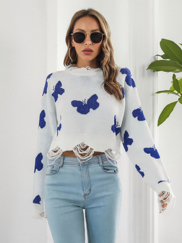Women’s Ripped Butterfly Jacquard Short Sweater