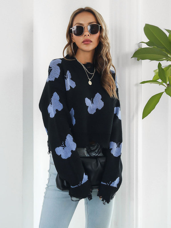 Women’s Ripped Butterfly Jacquard Short Sweater