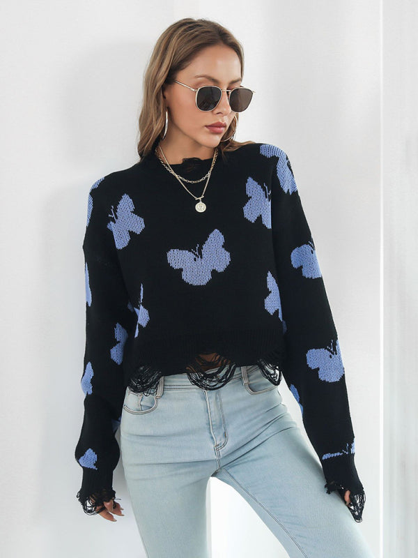 Women’s Ripped Butterfly Jacquard Short Sweater