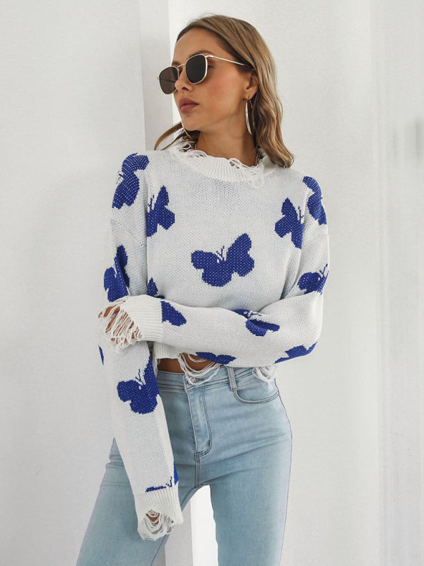 Women’s Ripped Butterfly Jacquard Short Sweater