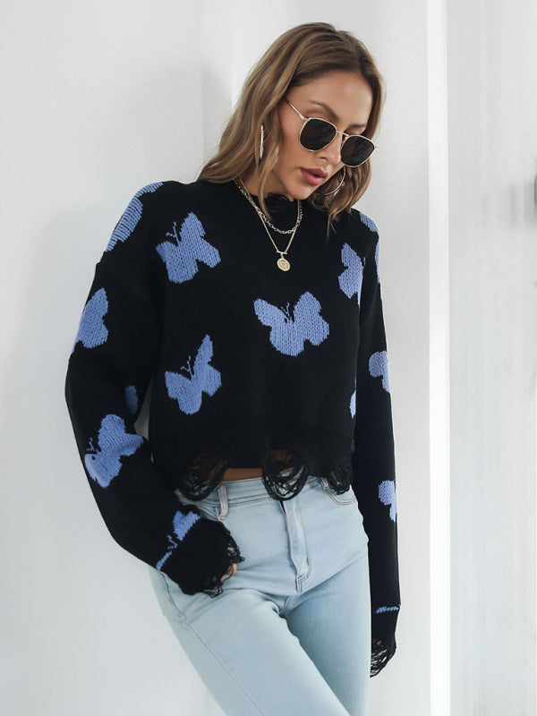 Women’s Ripped Butterfly Jacquard Short Sweater
