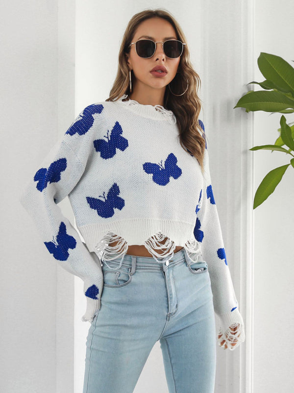 Women’s Ripped Butterfly Jacquard Short Sweater - Raw white off white / S