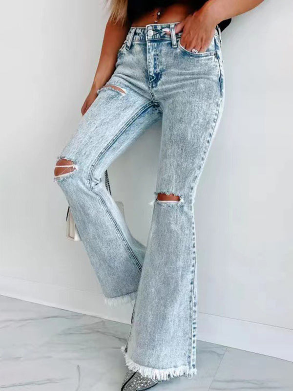 Women’s Ripped Jeans Micro-Boom Washed High Waist Pants - Blue / S