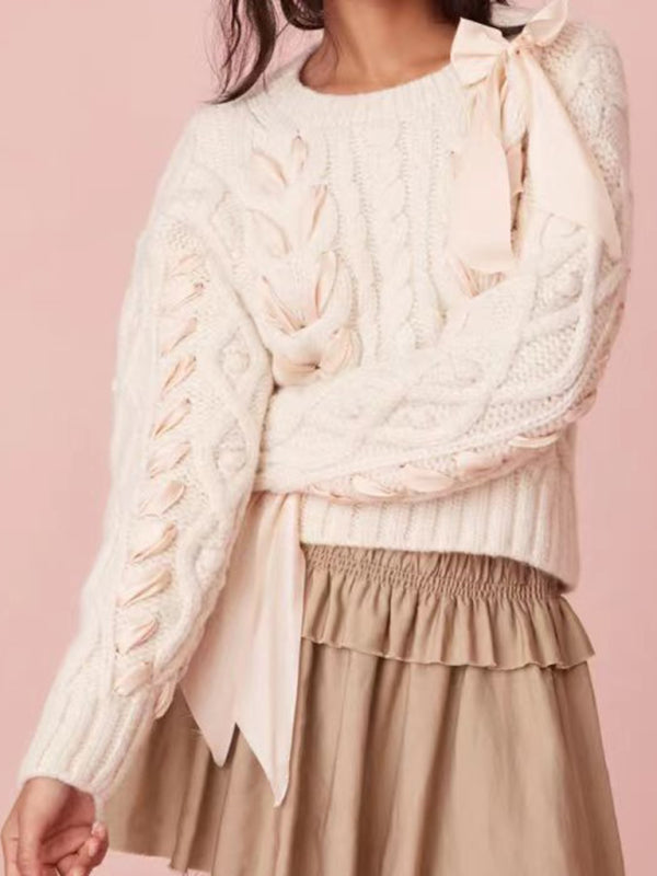 Women’s Round Neck Bow Neck Ribbon Sweet Sweater Versatile Top - White / S