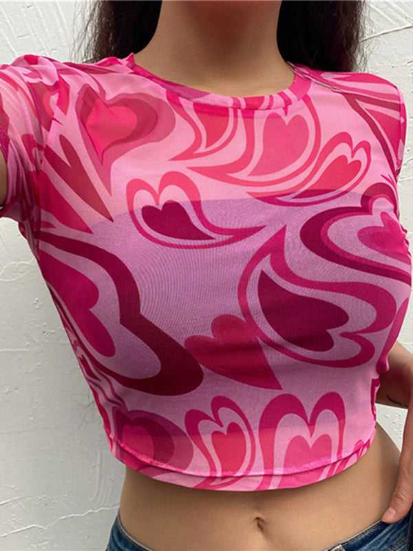 Women’s round neck love mesh sexy see-through short-sleeved T-shirt top - Rose / S