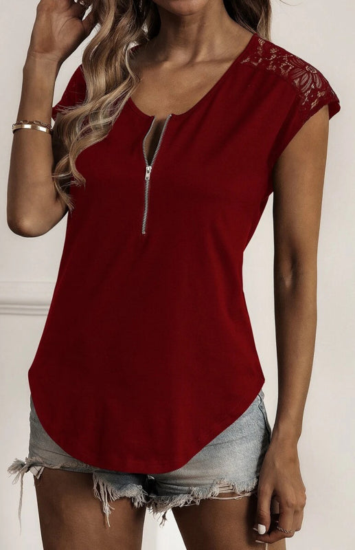 Women’s Round Neck Semi-Stranded Stitching Lace Short Sleeve Tops - Wine Red / S