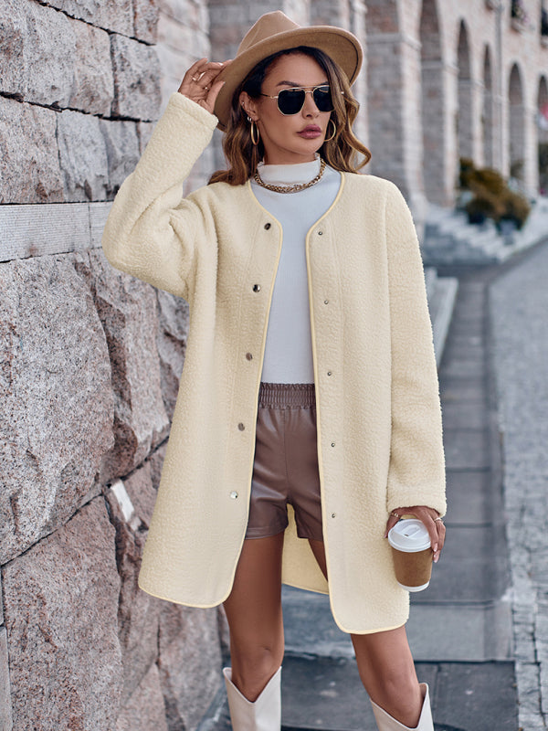 Women’s round neck single breasted long sleeve coat - Cracker khaki / S