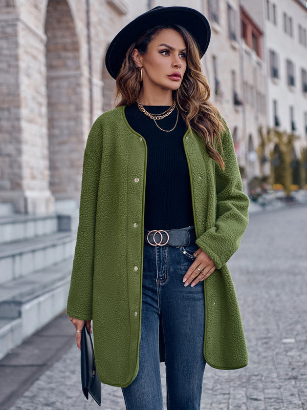 Women’s round neck single breasted long sleeve coat - Green / S