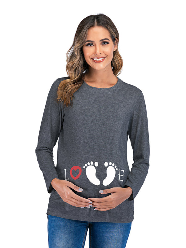 Women’s Round Neck Small Feet Print Maternity Top