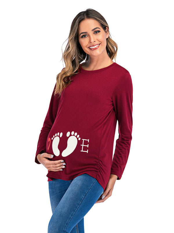Women’s Round Neck Small Feet Print Maternity Top