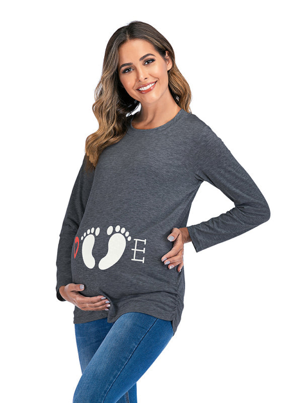 Women’s Round Neck Small Feet Print Maternity Top - Charcoal grey / S