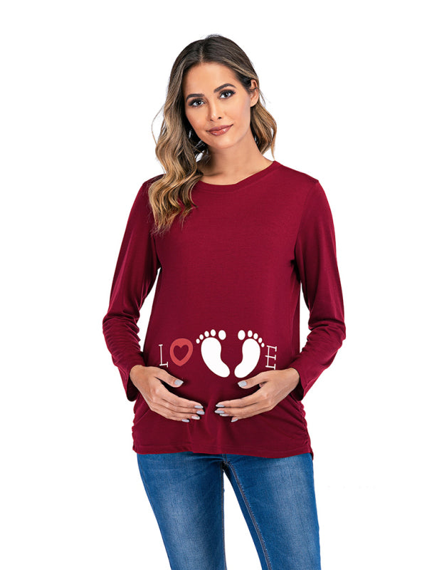 Women’s Round Neck Small Feet Print Maternity Top - Wine Red / S
