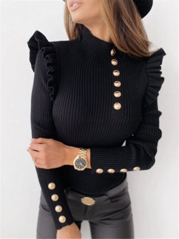Women’s Ruffled Long Sleeve Button Bottoming Knitted Top