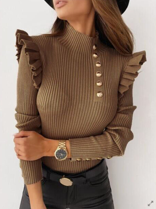 Women’s Ruffled Long Sleeve Button Bottoming Knitted Top - Khaki / S