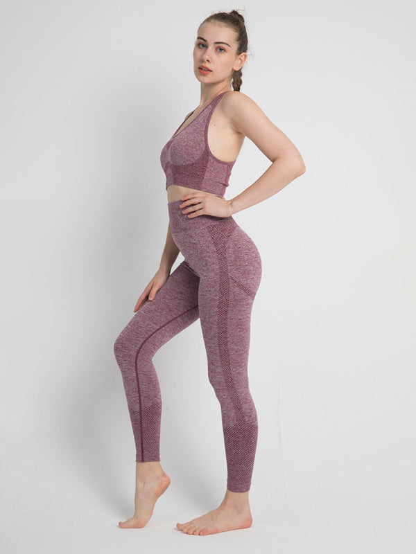 Women’s Seamless Dotted Two-piece Peach Hip Trousers Racerback Bra Vest Sports Suit - Wine Red / S