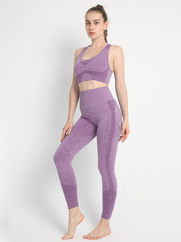 Women’s Seamless Dotted Two-piece Peach Hip Trousers Racerback Bra Vest Sports Suit - Purple / S