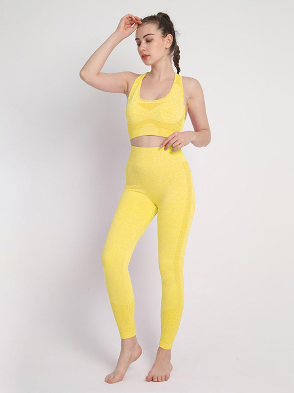 Women’s Seamless Dotted Two-piece Peach Hip Trousers Racerback Bra Vest Sports Suit - Yellow / S