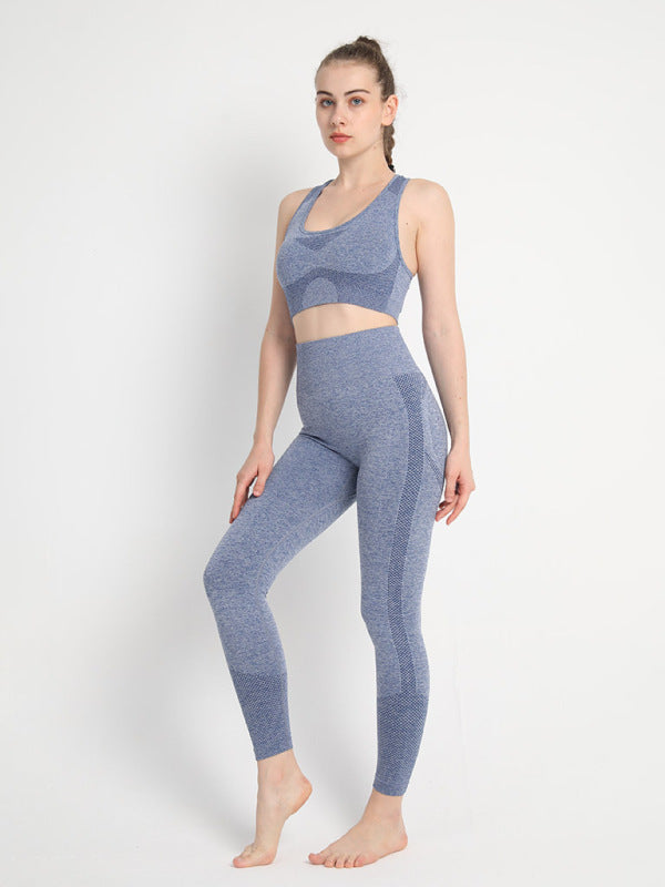 Women’s Seamless Dotted Two-piece Peach Hip Trousers Racerback Bra Vest Sports Suit - Light blue grey / S