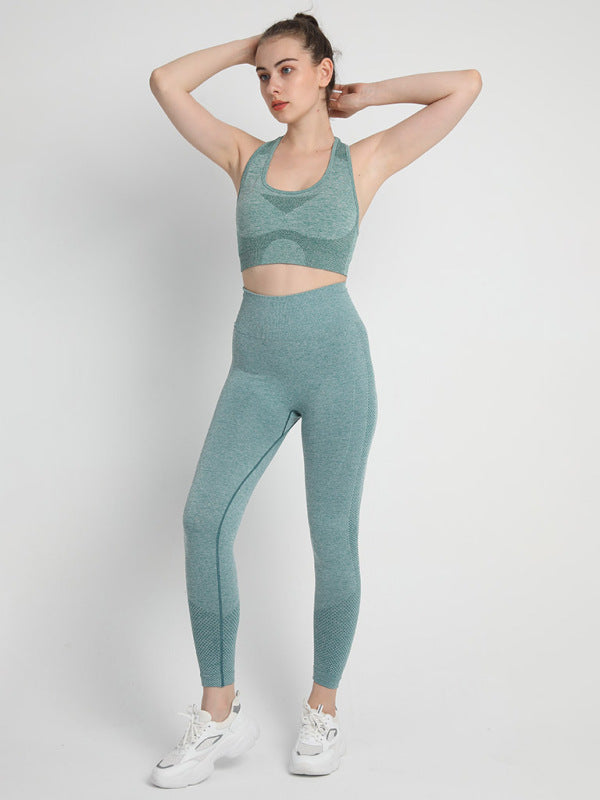 Women’s Seamless Dotted Two-piece Peach Hip Trousers Racerback Bra Vest Sports Suit - Green / S