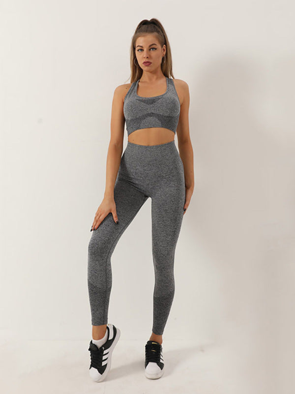 Women’s Seamless Dotted Two-piece Peach Hip Trousers Racerback Bra Vest Sports Suit - Deep hemp gray / S