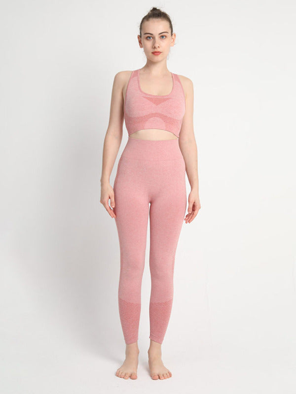 Women’s Seamless Dotted Two-piece Peach Hip Trousers Racerback Bra Vest Sports Suit - Orange Red / S