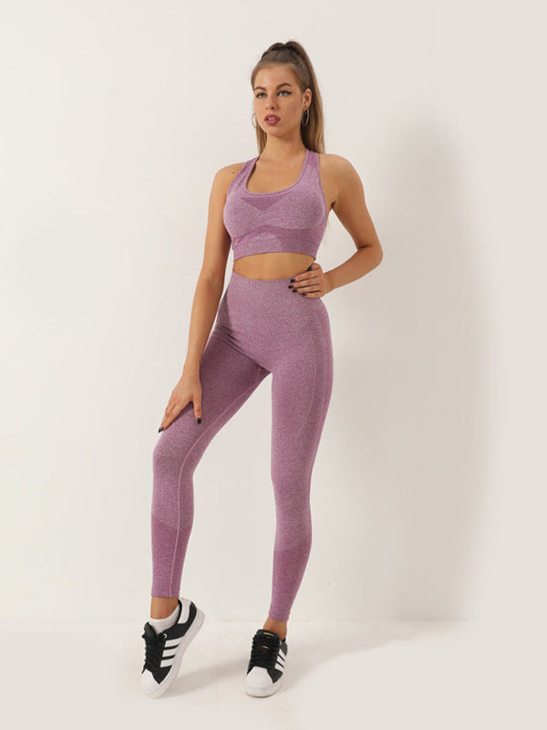 Women’s Seamless Dotted Two-piece Peach Hip Trousers Racerback Bra Vest Sports Suit - dark purple / S
