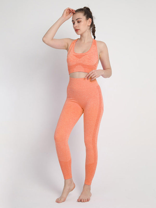 Women’s Seamless Dotted Two-piece Peach Hip Trousers Racerback Bra Vest Sports Suit - Orange / S